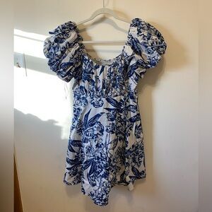 Abercrombie & Fitch Emerson Poplin Puff Sleeve Mini Dress medium navy and white